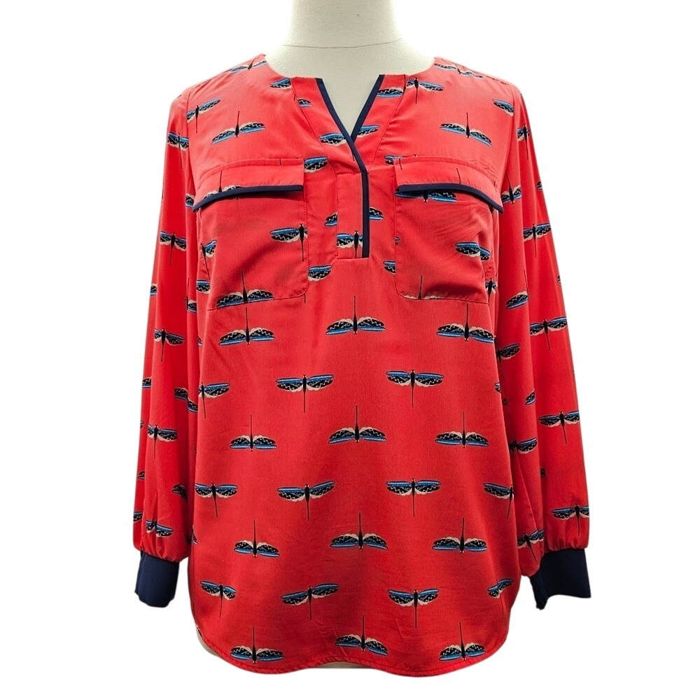 Dragonfly Print Blouse‎ Long Sleeve V Neck Top Casual Career